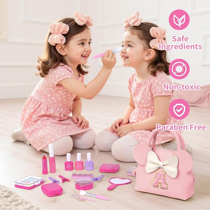 Kids Real Makeup Kit for Girls - 21Pcs Non-Toxic Make Up Toys with Initial Toddler Purse - Personalized Birthday Gifts for Age 5 6 7 8 9 10 Years Old Girls Vanity Set - Purple J