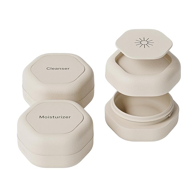 Cadence Travel Containers Basic Skincare Set - Magnetic Containers with Lids,Carry On Travel Essentials For Women/Men - 3 Small Capsules (0.56oz) - Cleanser, Moisturizer & Sun-Icon Labels - Sand