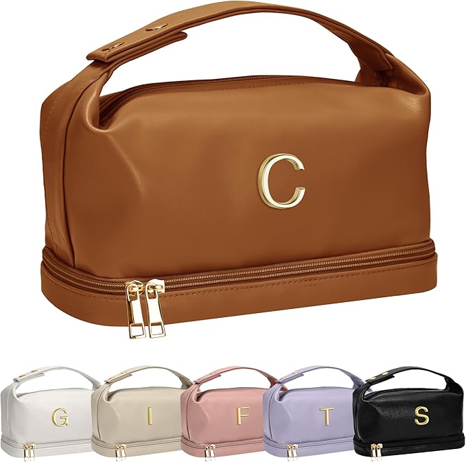 Birthday Gifts for 11 12 13 14 15 16 17 18 Year Old Girls Gifts, Travel Makeup Bag with Handle, Initial Double Layer Cosmetic Bag with Makeup Brush Organizer, Cute Cosmetic Pouch for Women