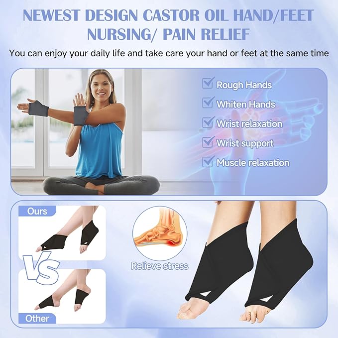 Castor Oil Pack Wrap, 9 Pcs Organic Castor Oil Packs Kit for Entire Body Neck Shoulder Waist Back Hand Knee Leg and Feet, Reusable Pads Kit for Hot/Cold Castor Oil Compress for Woman/Man【Black】