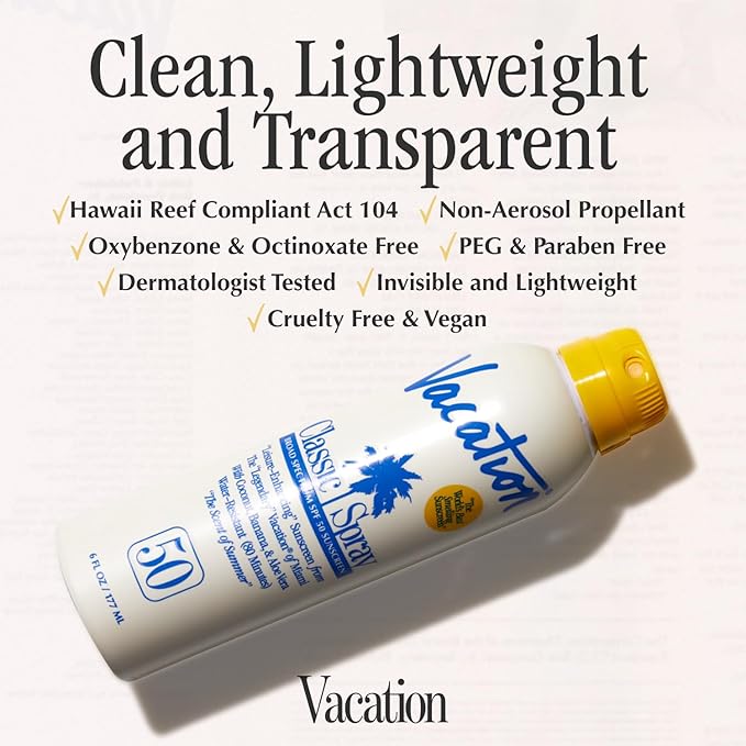 Vacation Classic Sunscreen Spray SPF 50, Water-Resistant, Lightweight, Transparent on All Skin Tones, Dermatologist-Tested, Vegan, 6 Fl. Oz. (Value Pack of 3)