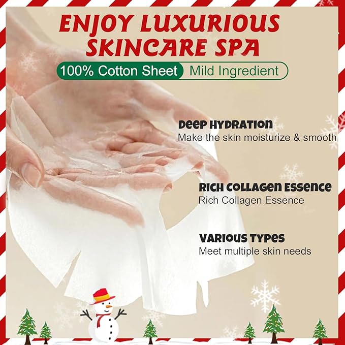 24 Pack Christmas Facial Masks for Stocking Stuffers, Hydrating Sheet Face Masks Skincare, Bulk Facial Masks Set for Women Skin Care, Christmas Gifts for Women