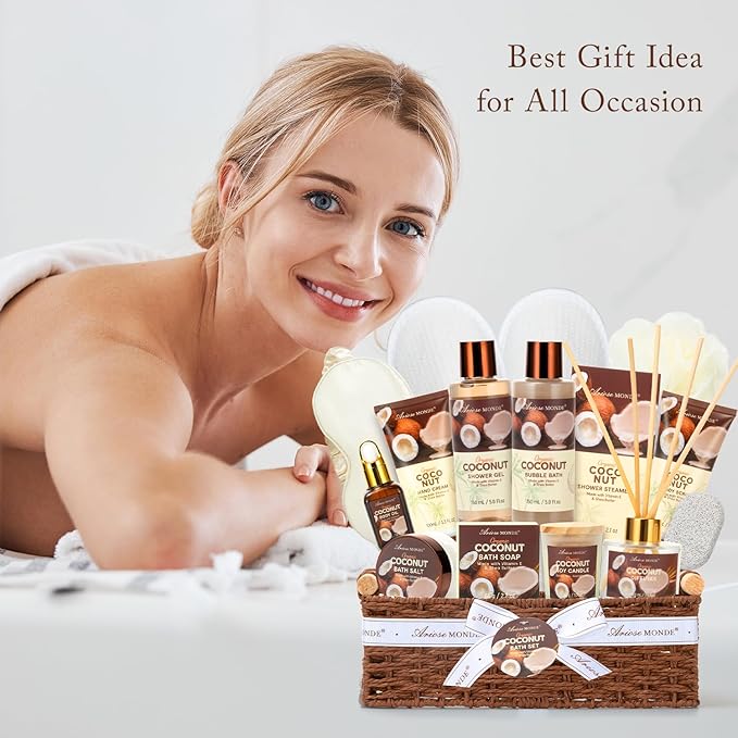 Spa Gift Baskets for Women, Coconut XL Bath Gift Set 17Pcs with Shower Gel, Bubble Bath, Hand Cream, Bath Salt, Essential Oil, Luxury Bath and Body Spa Kit for Mother's Day