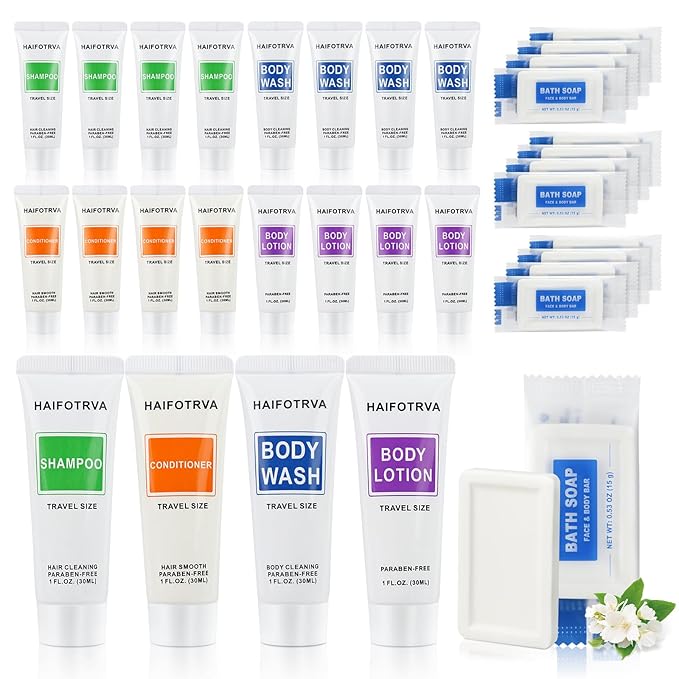 50 Pcs 5-IN-1 Hotel Soaps and Toiletries Bulk Set,5-Piece Set Mini Bulk Travel Size Toiletries Set 1 oz each Shampoo,Conditioner, Body Wash and Lotion,0.53 oz Soap Hotel Supplies for Guests,Homeless