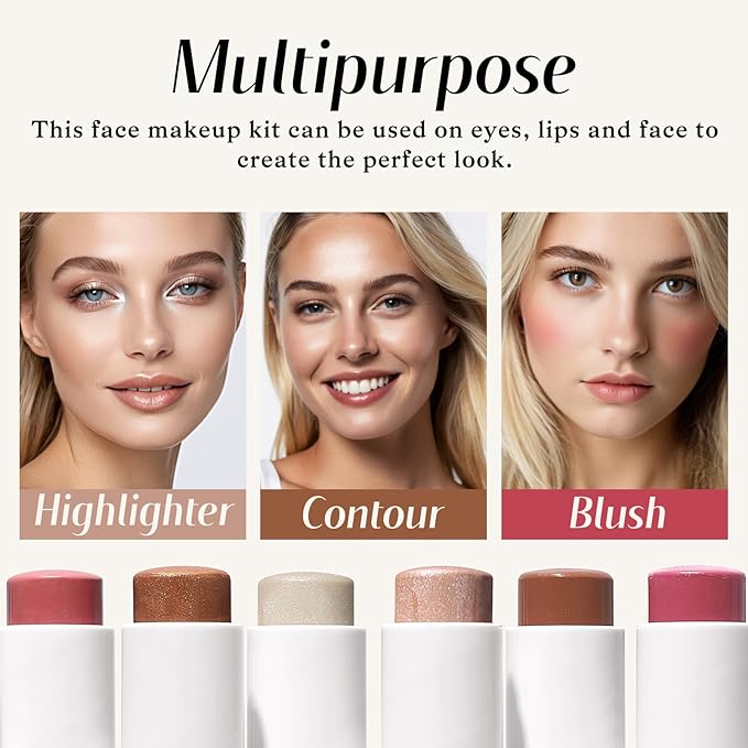 KIMUSE Multi Stick Trio Face Makeup, Cream Blush Stick for Cheeks & Lips, Contour Stick & Highlighter Makeup Sticks for All Skin