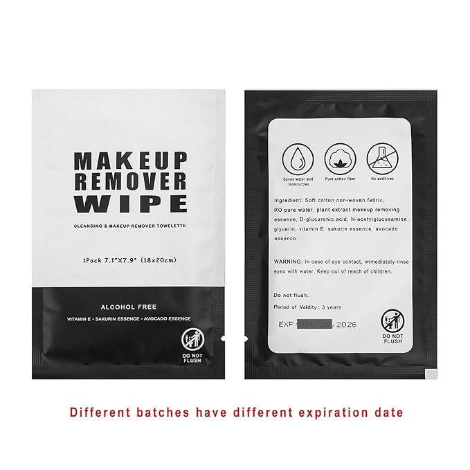 200 Count Makeup Remover Wipes Individually Wrapped Makeup Wipes Bulk Face Cleansing Wipes,Individual Wet Wipes, Travel Towelette Makeup Remover Cloth for Face Cleansing Skin Care Remove Makeup(Black)