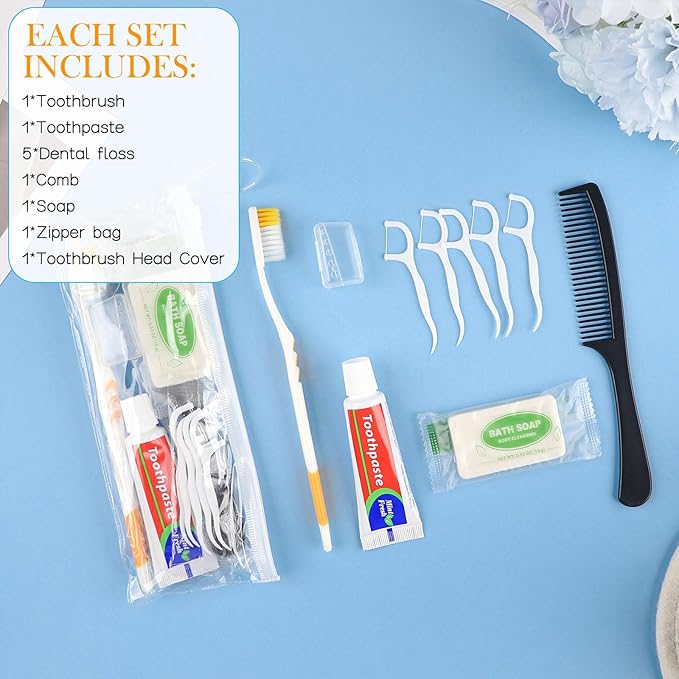 Personal Care Travel Toiletries Sets Bulk - Pack of 10,Disposable Toothbrushes with Toothpaste and Floss,Comb,Soap,Cover,Zip Bag 7-IN-1 Travel Size Toiletry Kit for Hotel,Guest,Homeless,Charity,Church
