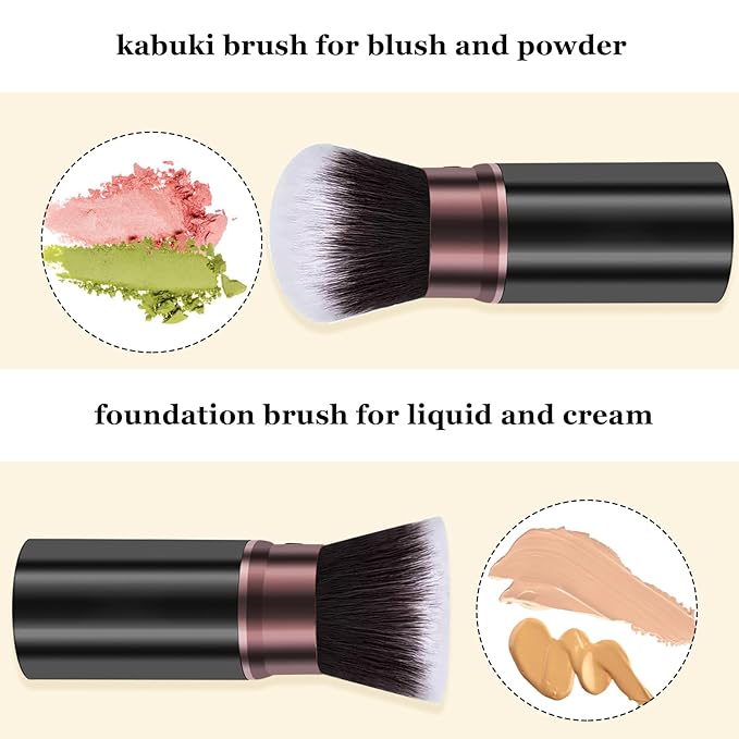 Makeup Brushes, Retractable 2 Pack Travel Kabuki Blush Makeup Brush Face Powder Foundation Brushes for Blending Liquid, Blush, Bronzer, Buffing, Sunscreen,Flawless Cosmetics