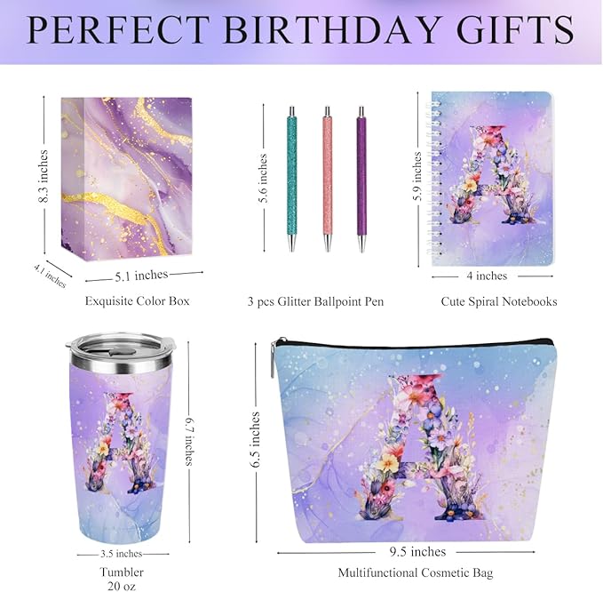Personalized Gifts Monogrammed Birthday Gifts for Women, Bridesmaid Bachelorette Party Wedding Christmas Initial 20 oz Tumbler, Makeup Bag Pens Journal Notebook 6 Set, (Aesthetic Purple Flower A)