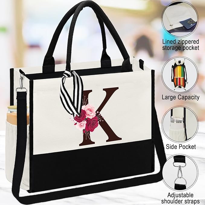 Birthday Gifts for Women,Initial Canvas Tote Bag,Initial Gift for Women,16oz Initial Glass Cup,Initial Makeup Bag with Zipper,Jewelry Organizer Box,Personalized Gifts for Mom-K