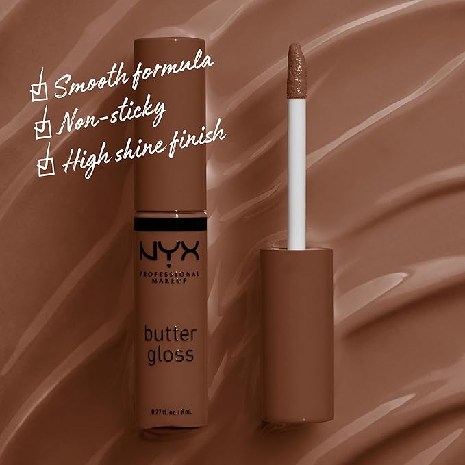 NYX PROFESSIONAL MAKEUP Butter Gloss Brown Sugar, Non-Sticky Lip Gloss - Fudge Me (Warm Brown)