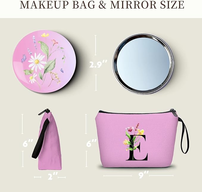 Women Birthday Unique Bride to be Bridal Shower Initial Gifts for Mom Sister Friend Her Teacher Aunt Makeup Cosmetic Bag with Mirror Mothers Day Christmas Graduation E