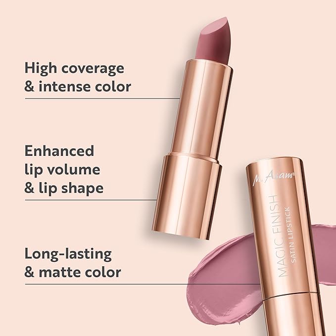 M. Asam Magic Finish Satin Lipstick (0.14 Oz) in a romantic Rosewood Shade, Long-lasting, Silky matte finish without drying out, creamy texture nourishes with Hyaluronic Acid