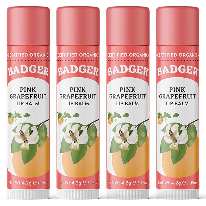 Badger Pink Grapefruit Classic Lip Balm, 100% Organic Lip Balm, Long Lasting Lip Care w/Light Silky Texture, Refreshing & Uplifting, 4 Pack