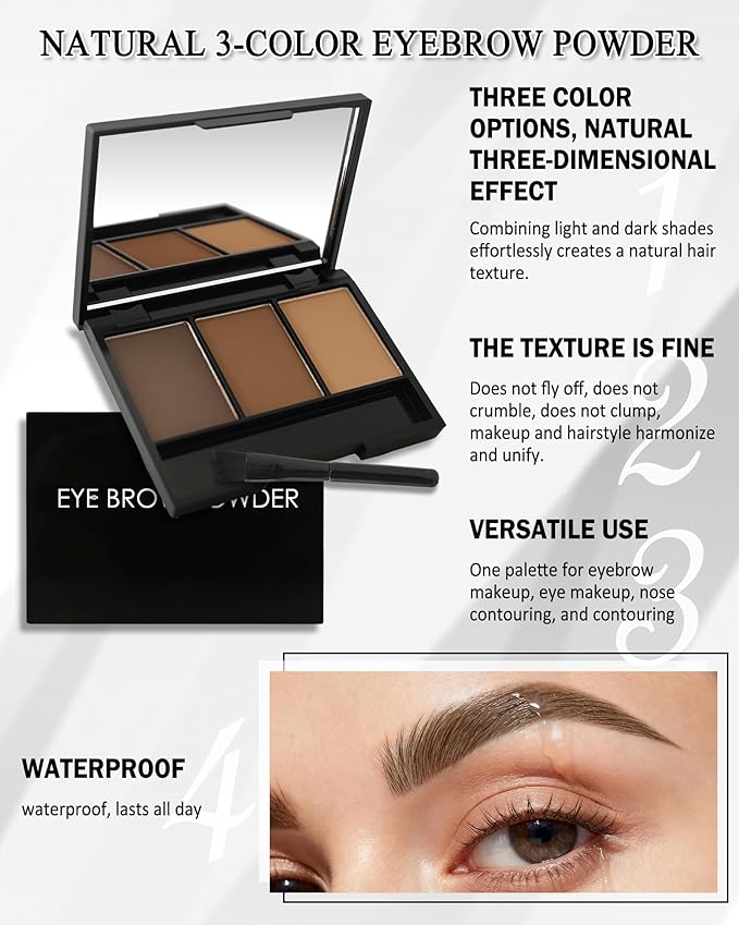 Eyebrow Powder Kit,3 Color Dark Medium Light Brown Eye Brow Powder Palette with Razor Brush, Long Lasting Waterproof Brow Filler Fill & Sculpt Full Eyebrows, Christmas Makeup Gift Set for Women-01