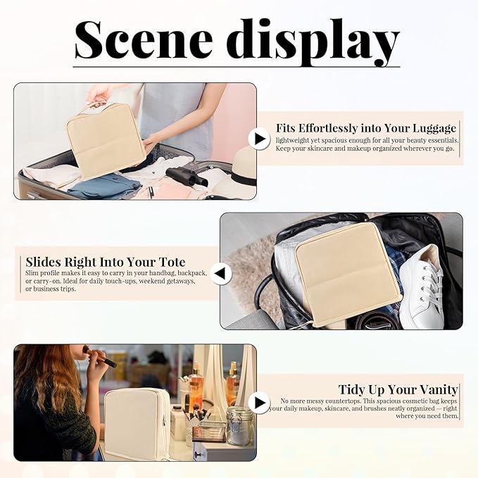 Standing Makeup Bag Gift Set – Large Travel Cosmetic Organizer That Supports Mirror or Phone – Includes 3 Silk Scrunchies & 10 Duckbill Hair Clips – Great Gift for Women & Girls (BEIGE)