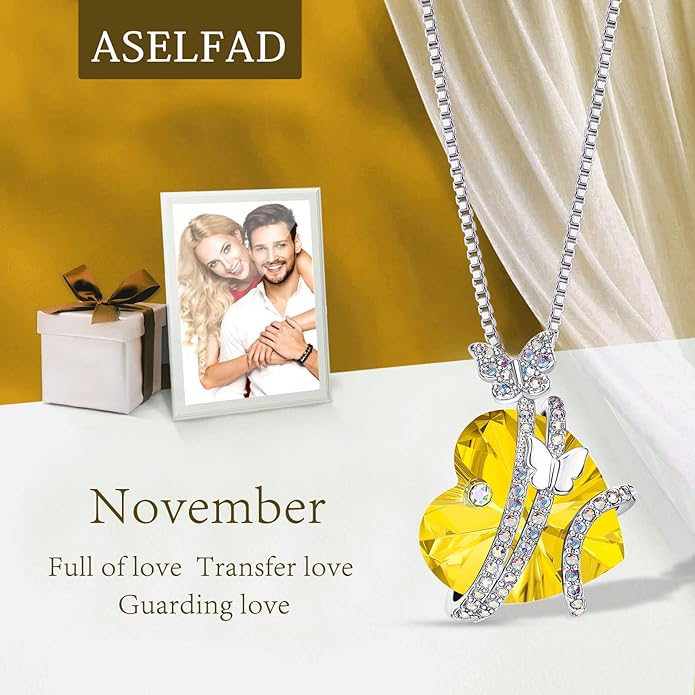 ASELFAD Butterfly Love Heart Pendant Necklace with Crystals, Anniversary Birthday Jewelry for Women Mom Grandma Wife Girlfriend