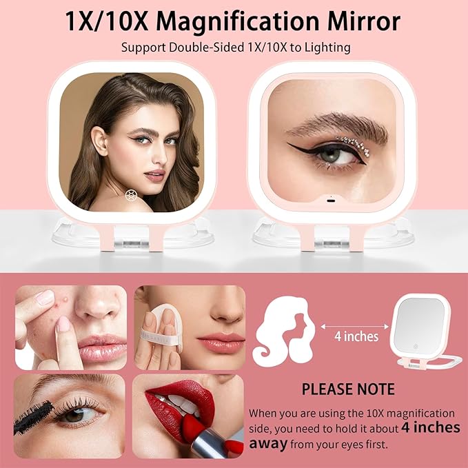 DESCHEN Rechargeable Travel Makeup Vanity Mirror with Lights and Magnification, Portable 1X/10X Magnifying Mirror with 3 Color Light, Lighted Makeup Mirror with Magnification, Folding LED Desk - Pink