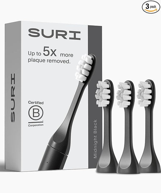 SURI Recyclable Plant-Based, Electric Toothbrush Heads - Built-in Tongue Scraper, Long Lasting Replacement Heads | Compatible Only Sonic Electric Toothbrush - Midnight Black, Pack of 3