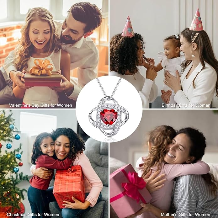 Iefil 925 Sterling Silver Love Knot Birthstone Necklace, Natural or Created Gemstone, Anniversary Birthday Gifts for Women, Jewelry Gifts for Wife Mom Girlfriend