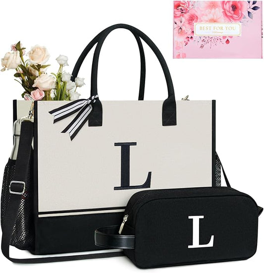 TOPDesign Personalized Initial Canvas Tote Bag, for Wedding, Birthday, Beach, Perfect Gifts for Women, Mom, Teachers, Friends