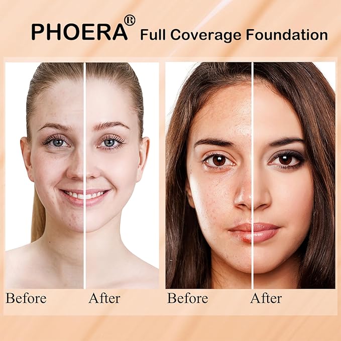 PHOERA Foundation, PHOERA Matte Liquid Foundation,PHOERA Makeup for Women, PHOERA Foundation Full Coverage Concealer, 30ml 24HR Matte Oil Control Concealer (101- Porcelain)
