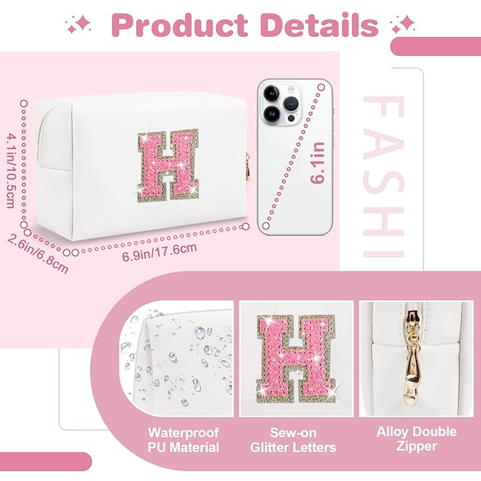 Small Initial Patch Makeup Bag Personalized Gifts Make Up Bag,White Cute PU Leather Glitter Letter Cosmetic Bag with Zipper,Trendy Portable Travel Toiletry Pouch,Preppy Stuff for Teen Girls Women H