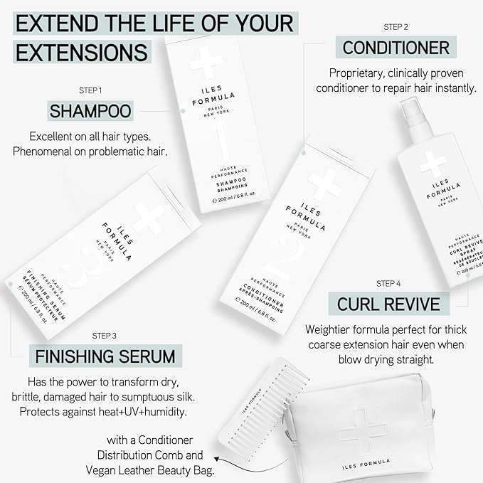 ILES FORMULA Extension Pack – Shampoo + Conditioner + Finishing Serum + Curl Revive Spray & Conditioner Distribution Comb in Faux Leather Beauty Bag (6-Piece Set) - Sulfate, Silicone & Paraben Free