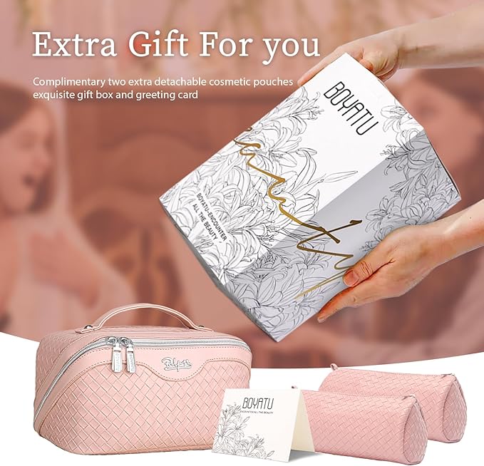 BOYATU Travel Makeup Bags for Women: Large Cosmetic Bag Waterproof - Vegan Leather Make up Bag Set of 3 - Compact Toiletry Organizer with Compartments & Handle & Divider (L02 Light Pink)