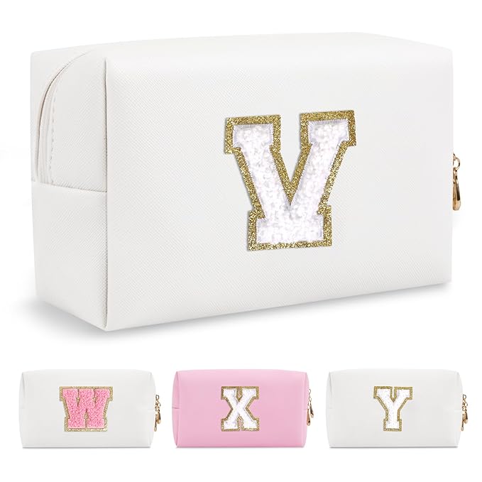 Small Personalized Initial A-Z Preppy Patch Makeup Bag,White PU Chenille Letter Travel Cosmetic Pouch with Zipper,Cute Toiletry Bag,Gift Ideal for Teen Girls Women Teacher Bridesmaid,Letter V