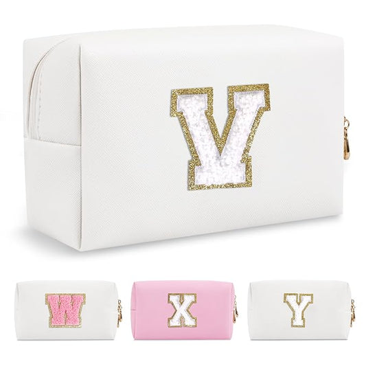 Small Personalized Initial A-Z Preppy Patch Makeup Bag,White PU Chenille Letter Travel Cosmetic Pouch with Zipper,Cute Toiletry Bag,Gift Ideal for Teen Girls Women Teacher Bridesmaid,Letter V