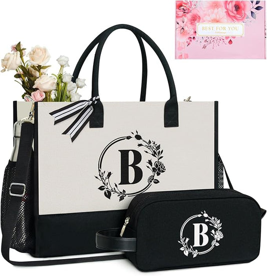 TOPDesign Personalized Initial Canvas Tote Bag, for Wedding, Birthday, Beach, Perfect Gifts for Women, Mom, Teachers, Friends