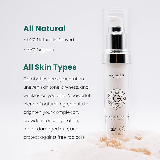 Gin Amber Beauty - Vitamin C (10%) + Squalane Repair Cream - Face Moisturizer - Skin Cream - Dark Spot Corrector - Primer (1 fl oz - 30ml)