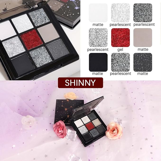 Smokey Black Red Eyeshadow Palette,9 Colors Dark Shimmer Matte Metallic Makeup Pallet,Make Up Kit for Halloween Parties Christmas Joker Vampire Clown,Long Lasting Waterproof