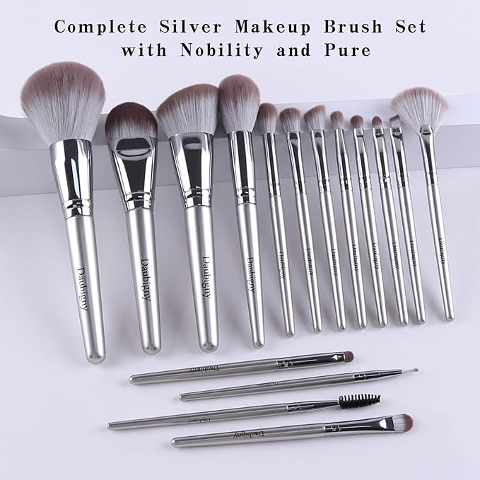 Makeup Brushes,Daubigny 16Pcs Silver Premium Synthetic Makeup Brush Set with Professional Foundation Brushes Powder Concealers Eye shadows Blush Makeup Brush for Perfect Makeup