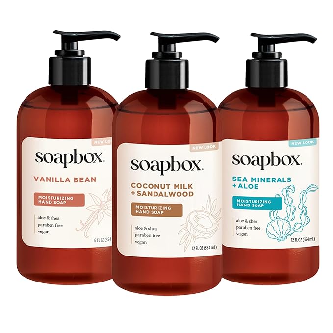 Soapbox Hand Soap Variety Pack (Coconut, Sea Minerals, Vanilla Bean) Liquid Hand Soap, Moisturizing Wash with Shea Butter & Aloe Vera, Pack of 3 Bottles with Pump Dispenser, 12oz Each