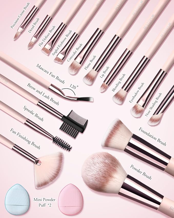 Makeup Brushes with Case, 20PCs Travel Makeup Brush Set, Foundation Concealer Blush Eyeshadow Brush Set Contour Powder Eyebrow Eyelash Brush Kit with Led Light Mirror Holder & 2 Powder Puff-Pink
