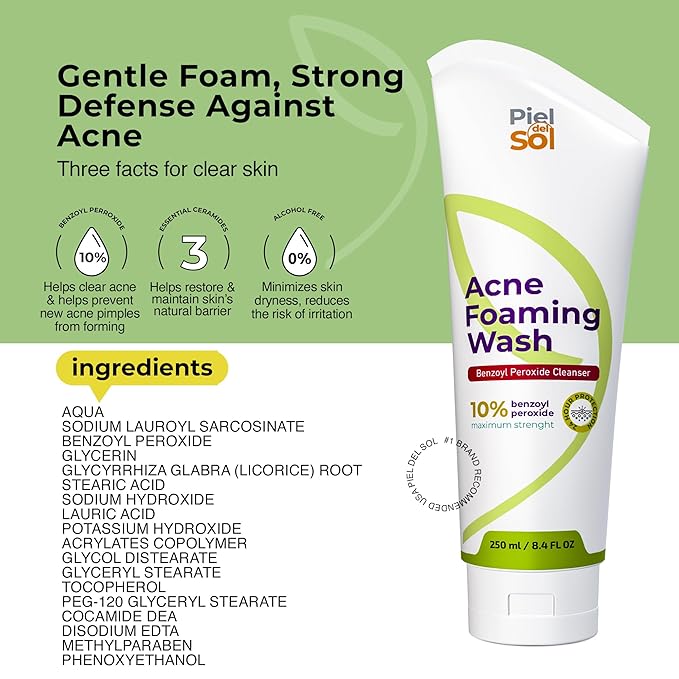 Acne Foaming Wash Cleanser, Benzoyl Peroxide Acne Treatment for Face, Body, pH Balancing - Fragrance-Free Foam Face Wash Moisturizer with Licorice Root, Vitamin E, Antioxidants 250ml.