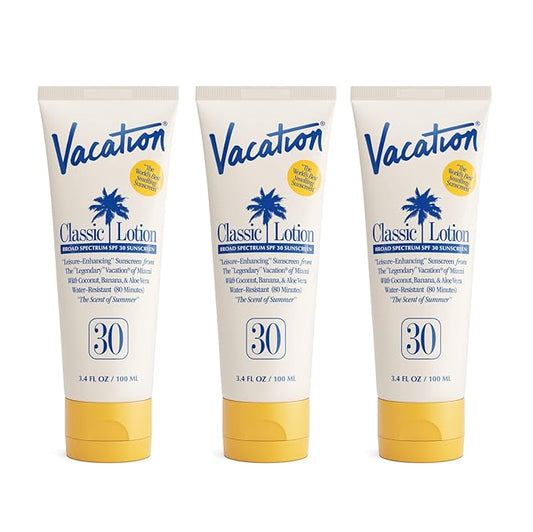 Vacation Classic Sunscreen Lotion SPF 30, Water-Resistant, Lightweight, Transparent on All Skin Tones, Dermatologist-Tested, Vegan, Travel Size, 3.4 Fl. Oz. (Value Pack of 3)