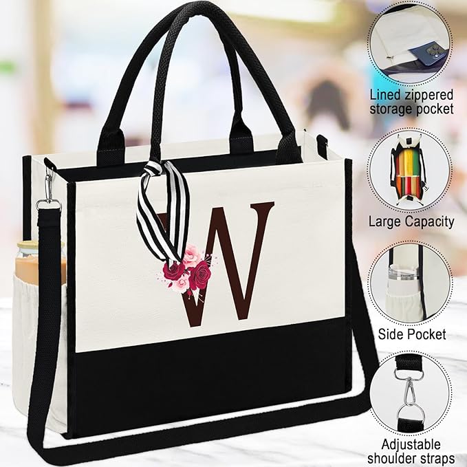 Birthday Gifts for Women,Initial Canvas Tote Bag,Initial Gift for Women,16oz Initial Glass Cup,Initial Makeup Bag with Zipper,Jewelry Organizer Box,Personalized Gifts for Mom-W