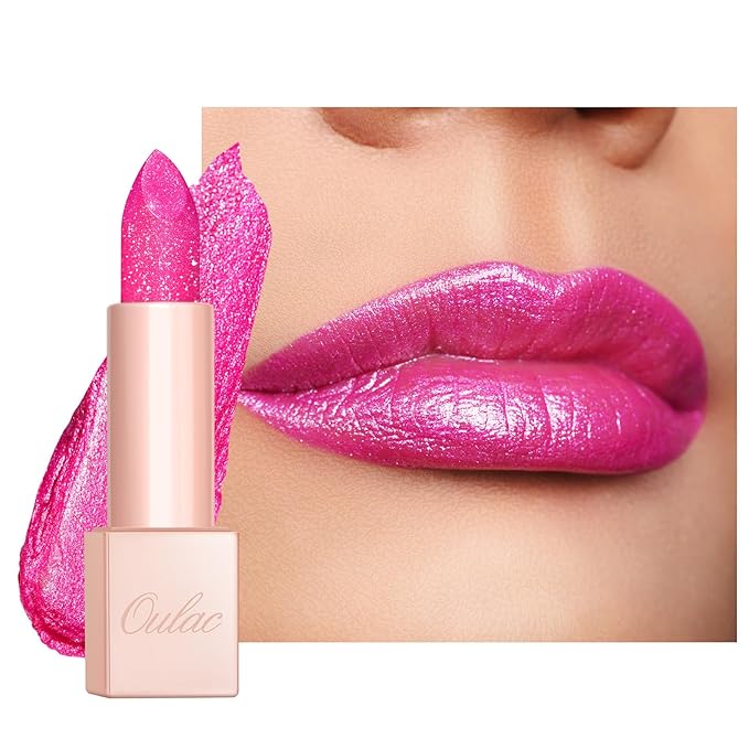 Oulac Pink Shimmer Lipstick for Women, Infinity High Shine Finish, Hydrating Lip Color Infused with Damask Rose Oil for All-Day Comfort, Gluten-Free Vegan Beauty, D02 Sparkle Sensation