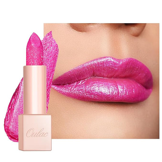 Oulac Pink Shimmer Lipstick for Women, Infinity High Shine Finish, Hydrating Lip Color Infused with Damask Rose Oil for All-Day Comfort, Gluten-Free Vegan Beauty, D02 Sparkle Sensation