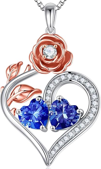 Iefil Rose Heart Birthstone Necklaces for Women - 925 Sterling Silver Double Birthstone Necklace, Anniversary Birthday Gifts for Women, Jewelry Gifts for Wife Her