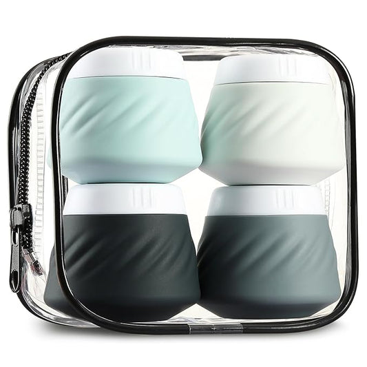 Gemice Silicone Cream Jars TSA Approved Travel Size Containers with Clear Bag, Leak-proof Travel Accessories with Lid for Cosmetic Face Body Hand Cream (4 Pack)