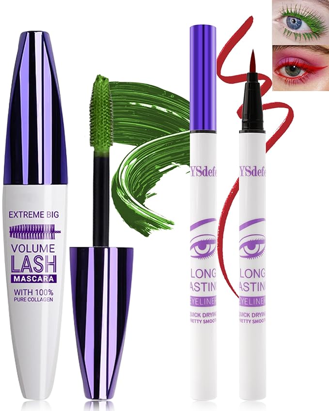 Green Mascara Red Eyeliner Set,5D Waterproof Fiber Colored Mascara Volume and Length,Longlasting Smudgeproof Color Eye Liner Pen,Cosplay Party Stage Use,Mother's Day Makeup Gift Kit for Women Girl