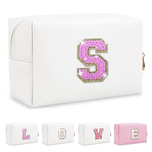 Small Initial Patch Makeup Bag Personalized Gifts Make Up Bag,White Cute PU Leather Glitter Letter Cosmetic Bag with Zipper,Trendy Portable Travel Toiletry Pouch,Preppy Stuff for Teen Girls Women S