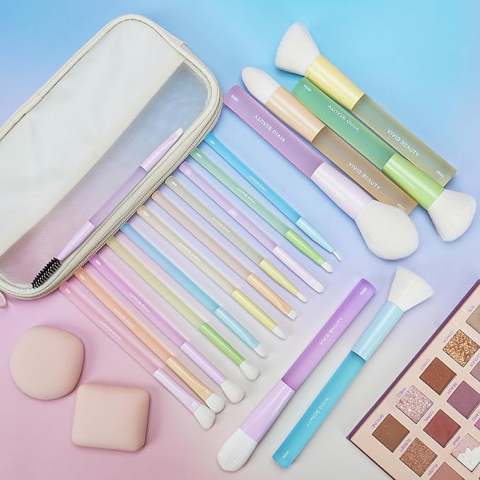 Makeup Brushes, 18Pcs Makeup Brush Set with 2 Sponges & Travel Bag, Colorful Make up Brushes for Foundation Powder Blush Blending Eyeshadow, Soft Synthetic Fiber, Rubber Handle, Face & Eye Brush Kit