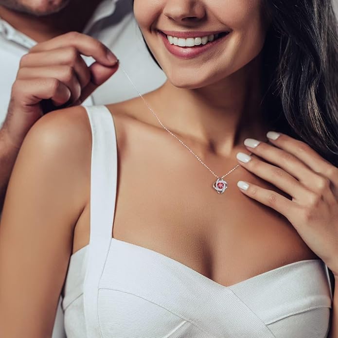 Iefil 925 Sterling Silver Love Knot Birthstone Necklace, Natural or Created Gemstone, Anniversary Birthday Gifts for Women, Jewelry Gifts for Wife Mom Girlfriend
