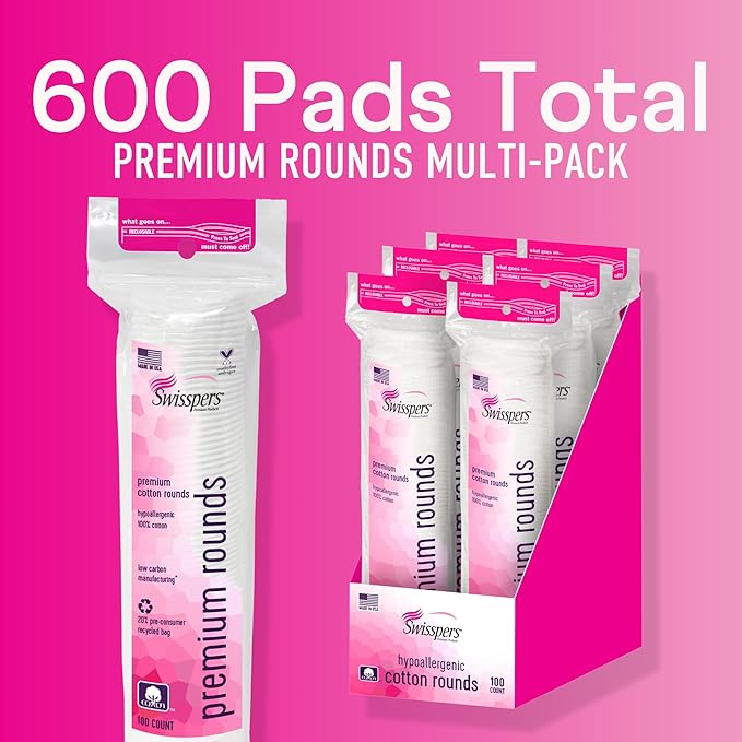 Swisspers Premium Cotton Rounds – 100 Count (Pack of 6) - 100% Pure Cotton - Soft, Absorbent, Hypoallergenic Pads for Makeup Removal, Skincare, Baby Care and Facial Cleansing - Lint Free