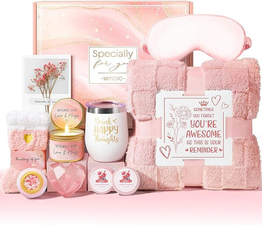 Birthday Gifts for Women, Self Care Gifts Get Well Soon Gifts Basket for Women, Rose Relaxing Spa Gifts Care Package w/ Luxury Blanket, Mothers Day Gifts for Mom Her Wife Girlfriend Friend Sister